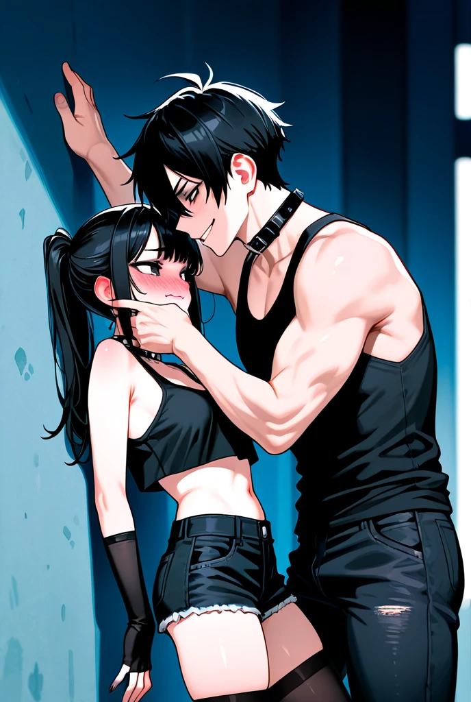 Couple having sex in a wine cellar, strong muscular and handsome man, redhead woman with wavy hair and green eyes, the man is between her legs kissing her( They are in the drinks cellar of a nightclub, the man is shirtless and the woman is wearing black crop tops and leather pants, the man has black hair and strong