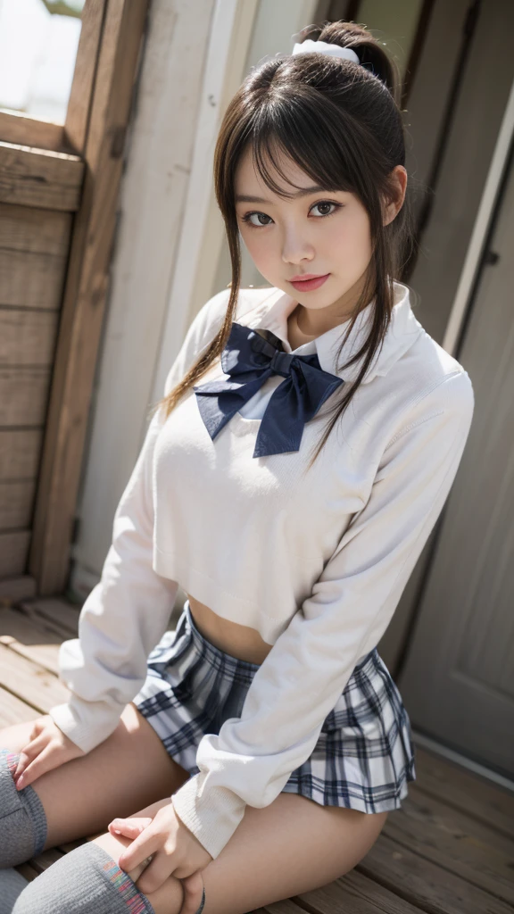 nsfw, Very neat Japanese woman、Twin tails、Slightly larger, super detailed idol face、White collared blouse| (Complete outfit with open sides), Bare Chest、A soft, slender body、Light pink nipples、A rolled up tartan mini skirt、Ultra detailed white panties:1.2, Attractive thighs、Black short socks、Brown leather loafers