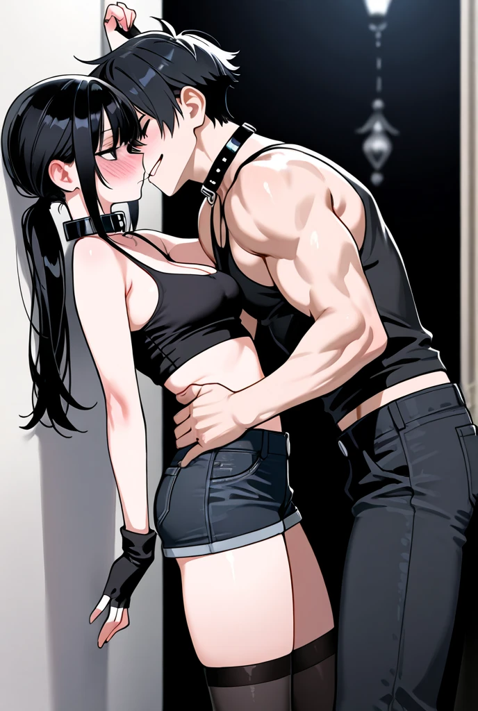 source_anime, rating_explicit, score_9, score_8_up, score_7_up, black_hair, goth, gothic, short_hair, looking at viewer, crop top, skirt, thighhighs, black clotges, apex legends, wraith, goth girl, ikuchan, rape face, sinister, scheming, green eyes, smirk, standing, indoors, bedroom, fancy wallpaper, 1boy, cuckold, large male, ((size difference)), male head out of frame, front view, light skinned male, pale skinned male, ntr, netorare, standing side by side, standing, giant penis, duo, penis, huge penis