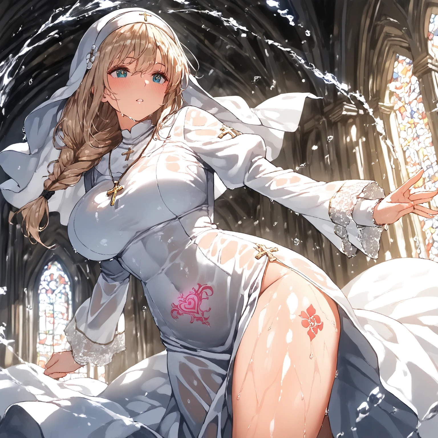 Girl in a long blouse covering her chest and thighs