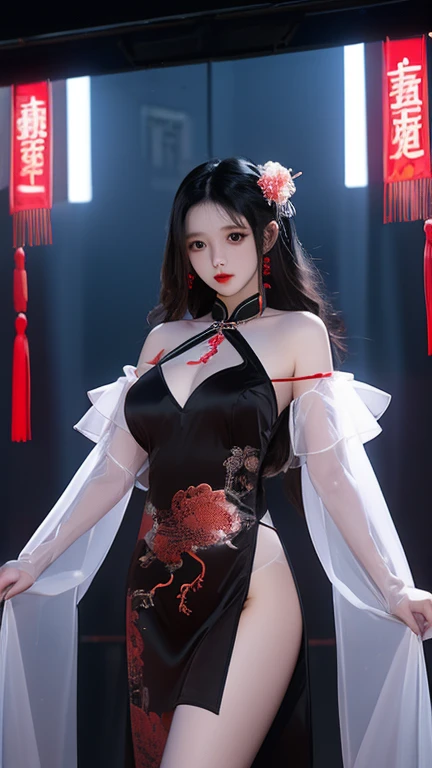 seethrough_china_dress, ((Full body display, full-body shot)), Sweet maiden, sweet smile, Multi-colored hair,Striped hair,Cross Bangs,Messy hair,Colored contact lenses,Flower-shaped pupil,make up,shy,Blush,Parted lips,Heavy breathing,moan,torogao,Surrealism,Realism,Movie Lighting,Relief,Sony FE GM,Retina,masterpiece,precise,Anatomically correct,Textured Skin,Super Detail,High Detail,best quality,Beautiful dance dynamics, Bright pastel colors, Visible cleavage, Pretty and beautiful, Sexy long legs, Ethereal,Mixing reality and fantasy elements, Complex patterns, rich and colorful