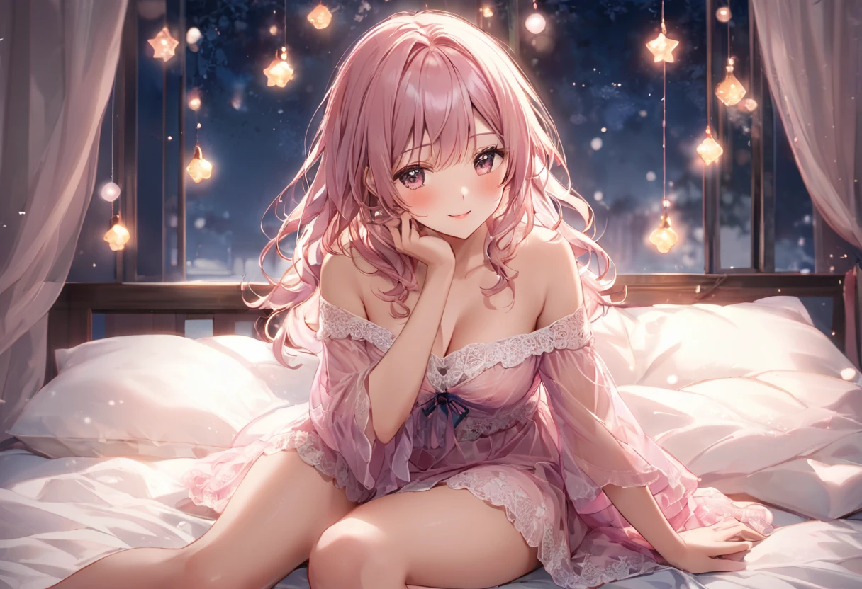 ((8k, Highest quality, masterpiece: 1.3)),Ultra-high resolution,(1 girl, alone), (Color changing eyes, Ultra-detailed, Expressive brilliance, Glitter, Glowing Eyes), Highly detailed eyes, Highly detailed face, Random Hair, ((pastel colour)),A joyful young woman with pastel pink hair styled into twin braids, sitting on the edge of her bed in her softly lit bedroom during a late evening. She is wearing a shimmering silver bikini that catches the light with every movement. The camera captures her from a side angle as she leans back slightly, her legs spread apart in a relaxed pose while she smiles softly at the camera. As she changes position, she lies on her side, propping her head up with one hand while the other rests along her body, her legs slightly bent. The room is warmly lit by a few candles, with soft shadows dancing on the walls, creating a serene and intimate atmosphere.