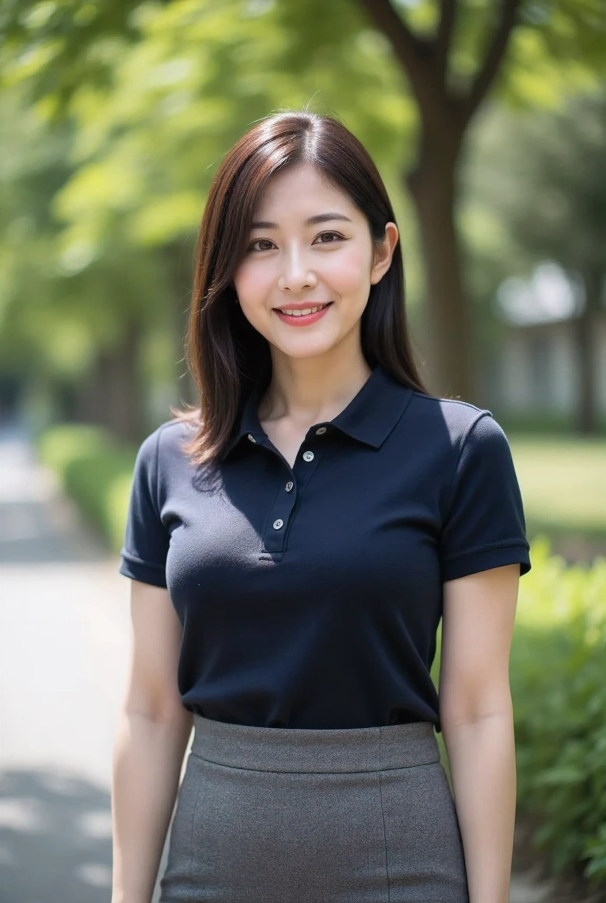 (masterpiece, photorealistic, natural shading:1.4)
(A very beautiful 28-year-old Japanese woman),
(A cute oval-shaped face:1.2),
(A gentle smile with slightly droopy eyes),
(A delicate figure, a voluptuous bust:1.3),
(Straight, medium-length, dark brown hair),
(A tight, midi-length,  gray pencil skirt),
(A dark navy blue polo shirt:1.4),
(Photographed above the knees in the shade of a bright park, smiling with a gentle expression)