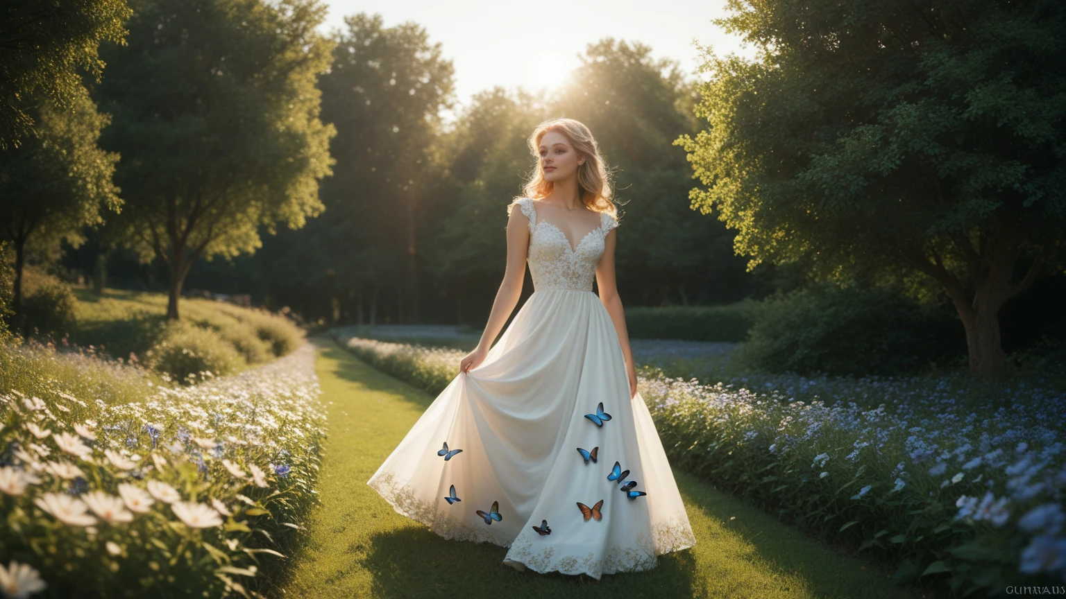 Al estilo de Hilary Duff, A young woman stands in a beautiful flower garden, rodeada de coloridas mariposas. She is dressed in a long and elegant white lace dress., mientras sostiene un ramo de rosas rosadas en su mano. El sol brilla intensamente en el cielo azul y las nubes se forman en formas caprichosas. A gentle breeze makes the leaves of the trees gently mix. The ground is covered with lush green grass, y se puede escuchar el suave murmullo de una fuente cercana.
