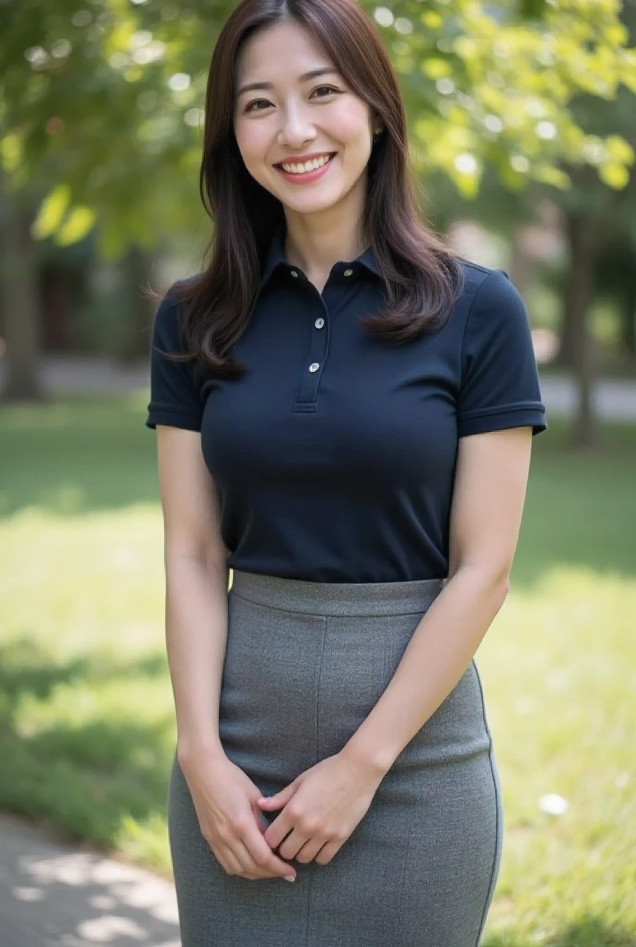 (masterpiece, photorealistic, natural shading:1.4)
(A very beautiful 28-year-old Japanese woman),
(A cute oval-shaped face:1.2),
(A gentle smile with slightly droopy eyes),
(A delicate figure, a voluptuous bust:1.3),
(Straight, medium-length, dark brown hair),
(A tight, midi-length,  gray pencil skirt),
(A dark navy blue polo shirt:1.4),
(Photographed above the knees in the shade of a bright park, smiling with a gentle expression)