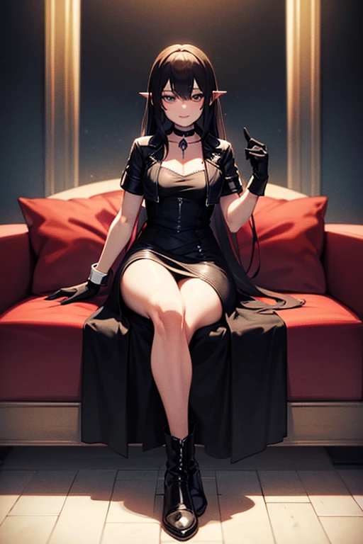 ((Highest quality)), ((masterpiece)), (detailed), (masquerading), perfect face, beautiful face, ultra-detailed face, sitting on a queen’s chair, crossing legs, shiny black hair, (smiling at viewer), single focus, full body, a 22-year-old girl, beautiful, natural makeup, open eyes, brown eyes, intense and extreme latex, intense and extreme latex shine, intense and extreme luster, intense and extreme latex reflective, luxury pattern, Bondage, harness, corset, long gloves, long boots, night, drinking red wine, private room, happy, medium breasts, erected nipples, embarrassed, from below,