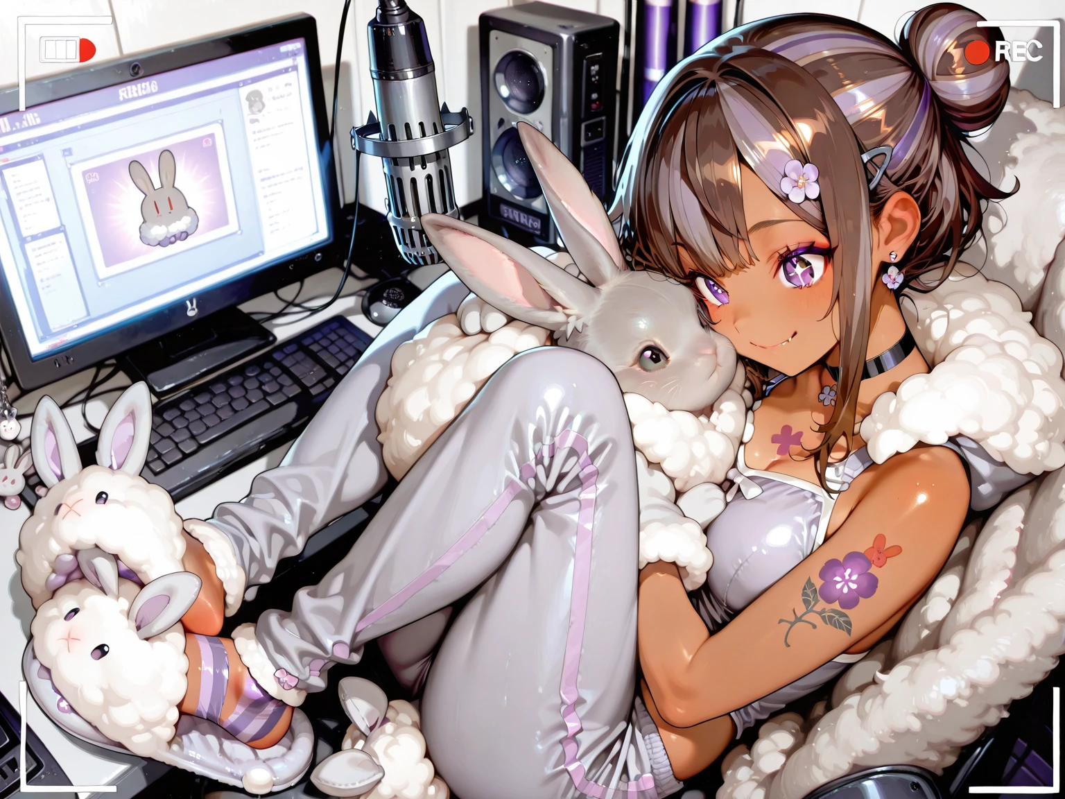 nsfw, Ultra realistic, masterpiece, highest quality, ultra detail,adorable, (detailed and intricate), grey fluffy fur, attached rabbit tail, (hair),(perky small breasts), (paws,furry grey fur covered body:1.3),detailed face, (detailed light purple eyes), (grey petite anthro bunny:1.2), long bunny ears,wide hips, (furry:1.2), messy hair, (loose shirt), gamer girl, headphones, sitting, sweaty, (thighs),(smiling), smooth,intricate detail, gorgeous female photo, professionally retouched, realistic professionally color graded photograph, natural lighting, realistic, light particles,fine fabric emphasis, bokeh, suggestive pose,by Pino Daeni, by Ruan Jia, by Shiitakemeshi, by Alayna Lemmer, by Carlo Galli Bibiena, surreal, (dirty), (Girly Room:1:2), (Gamer Chair, Keyboard, Mouse PC Tower, RGB), (pop culture highly detailed background posters:1.3), gaming, trash