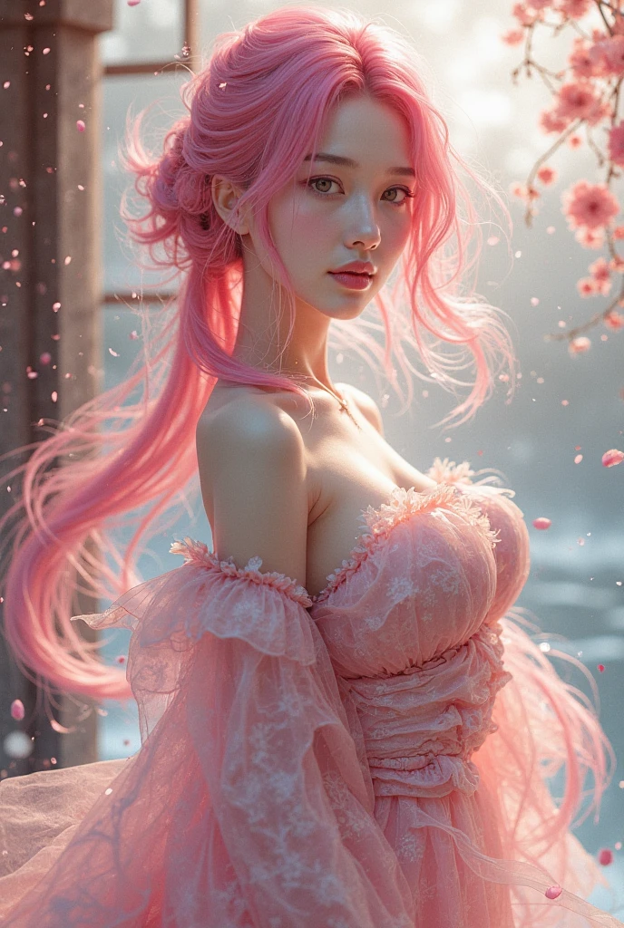 score_9,score_8_up,score_7_up,source_アニメ,(floating) (beautiful) (The breath of spring) (1 Girl) (Pink long hair), (Hair Headband), (detailed and beautiful blue eyes), ((Very short white dress, pink Lace underside), (Lace), ((Light transparent silk))), (Cherry blossom petals), (Butterfly), (Every time), (Volumetric Light)