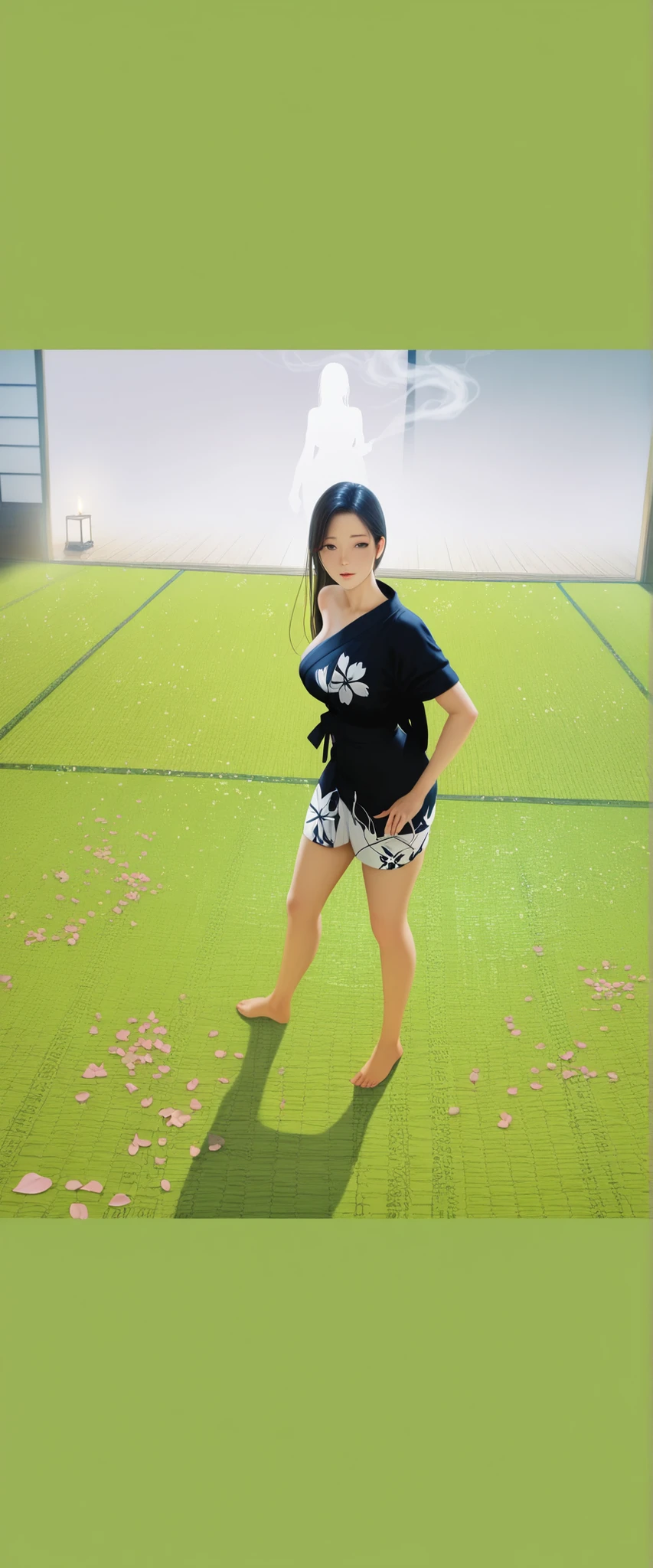 masterpiece, best quality, photorealistic, ultra-detailed, realistic silhouette of a beautiful Japanese woman, seen through shoji screen, curvy figure, large breasts, narrow waist, elegant posture, loose kimono slipping off shoulder, nude silhouette, long flowing hair, graceful movement, refined sensuality, artistic nudity, standing or turning pose, soft curves emphasized by shadow
projected shadow on traditional paper sliding doors, dim warm candlelight behind her, realistic lighting and shadows, Japanese-style room with tatami, flickering light, drifting incense smoke, cherry blossom petals on floor, humid summer night, cinematic composition, quiet and mysterious mood, poetic eroticism, photographic realism, high resolution