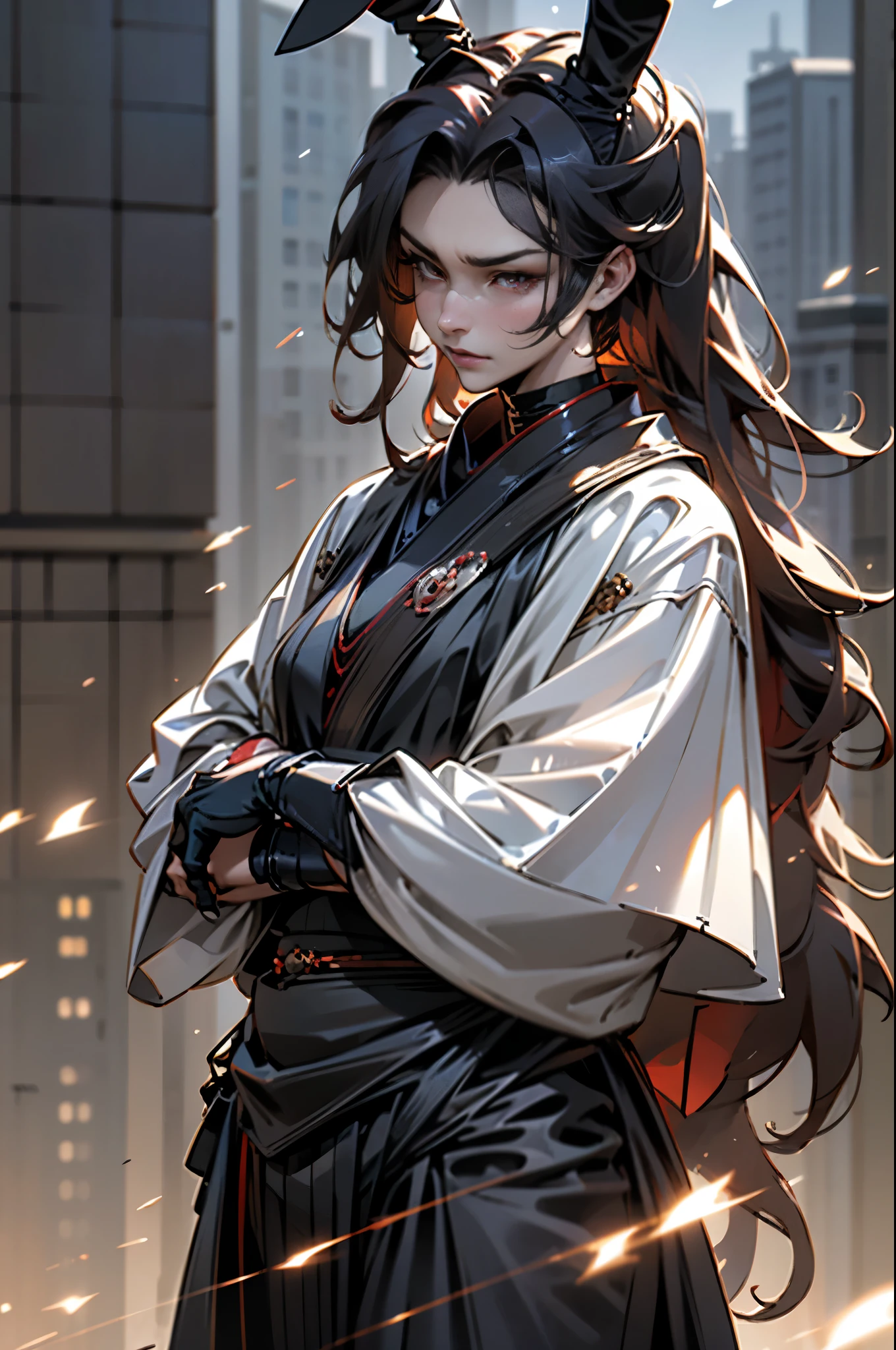 40 years old,Single Daughter,bunny girl costume、((Bad guy、villain)) ,Fat,Muscular,ugly,anger,Long Hair,red eyes,City,masterpiece,charming mature woman