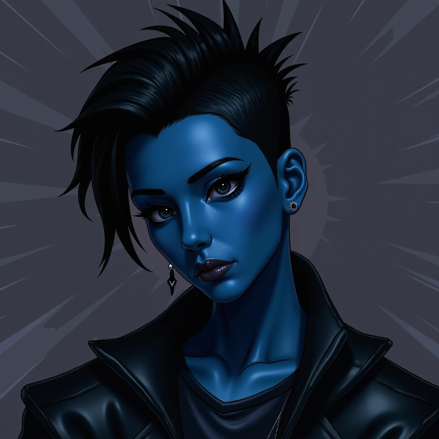 beautyfull woman, blue fringe hair, blue dress, robotic, blue skin, white background, looking to camera, black lipstick, black belt
