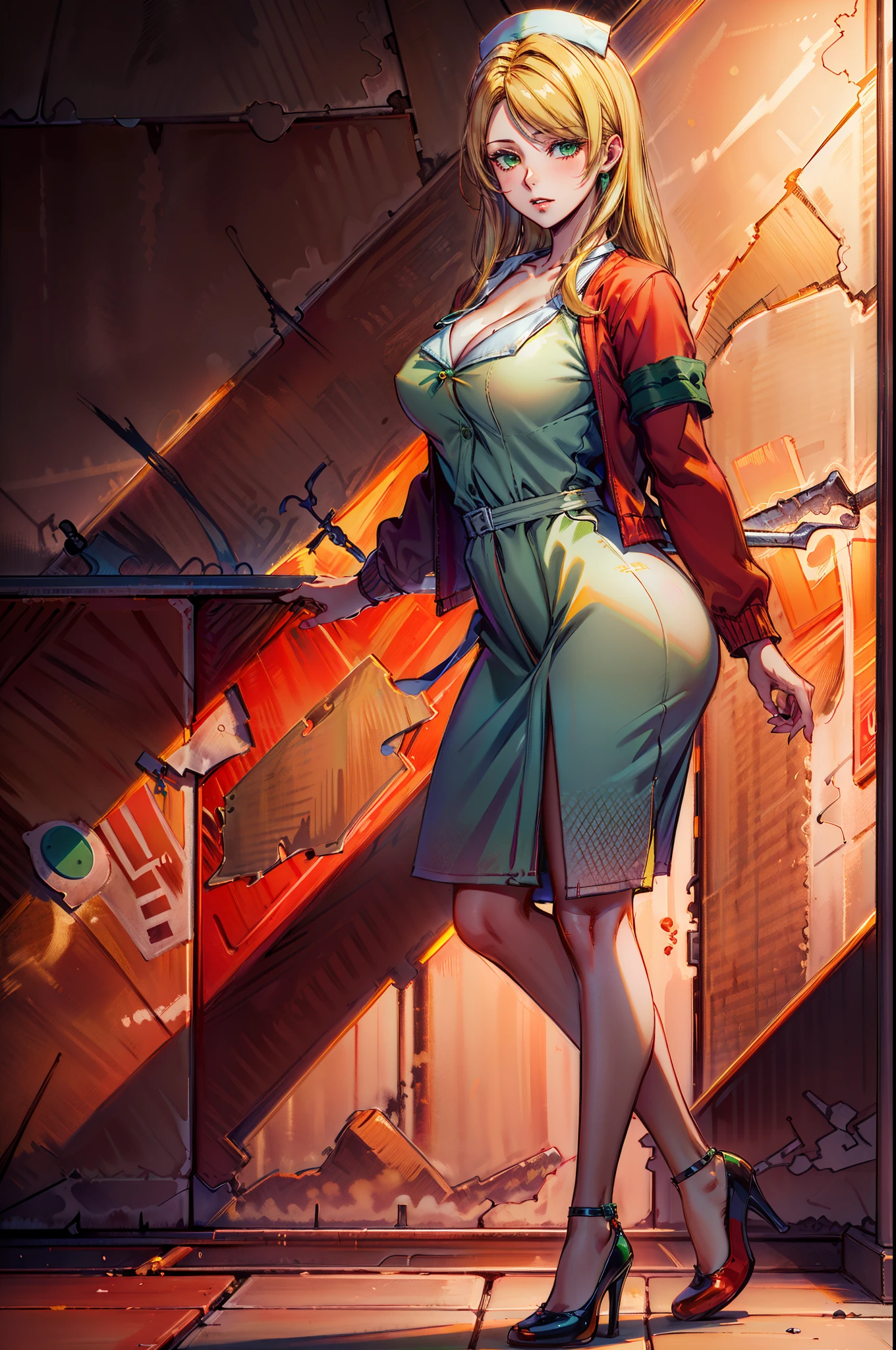 LisaGarlandSH, (extremely detailed CG unity 4k wallpaper),(best illustration),(best shadow),(absurdres), Nurse, White Nurse dress, Red Cardigan, Blonde long hair, Green eyes, red high heels, Foggy dark town,