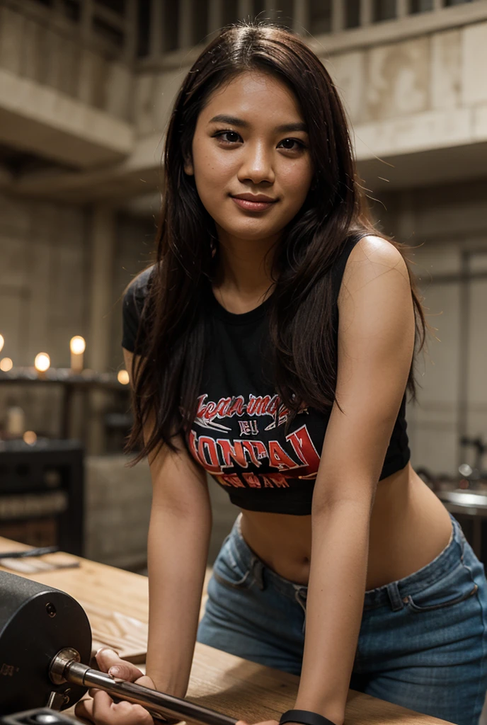 a 20-year-old beautiful Indonesian girl wearing a sleeveless shirt and rugged shorts are trying to repair the bike in the garage, normal finger, face 4k, atmospheric background
