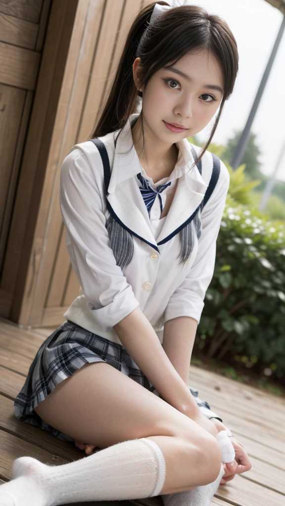 (8k、Raw photo、highest quality、masterpiece:1.2),(outdoors),((perfect lighting)),(long bob cut),looking at the viewer,Looking at the front,Raise your arms pose, back,strong,erotic,18-year-old,student,white skin,knees,absurd,small face,前hairを真ん中から分けます、I can see the forehead,(please be shy,tight eyes,glare,strong,skinny,skinny,get annoyed)、masterpiece,highest quality、超A high resolution,one person, solo,close up shot、cute、Return to student,(japanese school uniform:1.3),high school girl,japanese woman,standing,(Photoreal:1.37)、photon mapping,realistic、cutesmall face,brown eyes、prospect、Depth of the bounds written、blurred background、picture,Girls、(前hairが見える), hair, kneesが見える, thigh,(Nogizaka Idol), actress、natural breasts、cleavage、Super fine、low person、(Skin with visible pores:1.2)、(focus on face)
