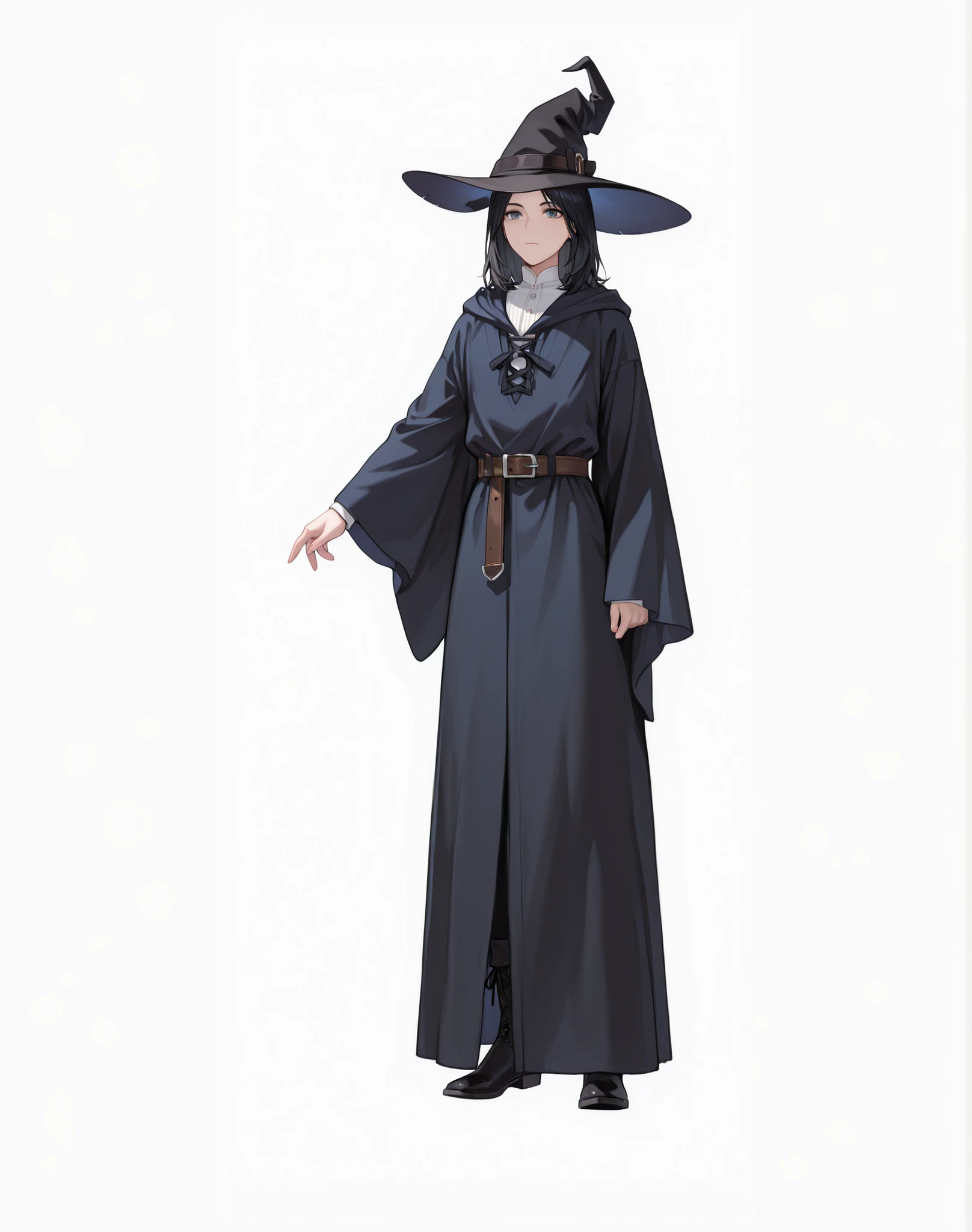 1boy, solo, looking at viewer, medium hair, simple background, black hair, long sleeves, hat, white shirt, white background, closed mouth, standing, full body, boots, belt, wide sleeves, black footwear, amber eyesblack headwear, witch hat, robe, medieval clothes,
(mature, exquisite detail, 8k, 4k, sharp focus, ultra-detailed, detailed background, absurdres, best quality, amazing quality, very aesthetic, high resolution, newest, hyper-detailed:0.78)
 