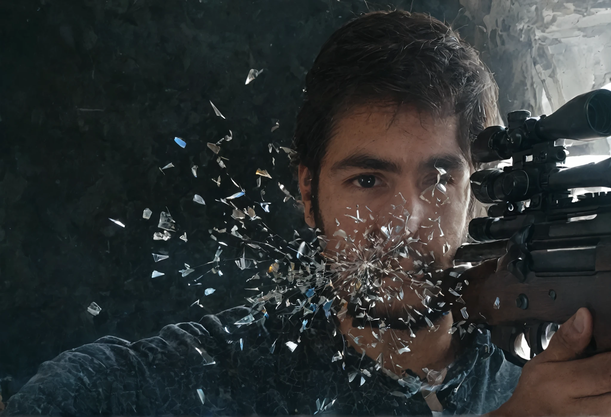 (en iyi kalite,Ultra ince,Fidelity:1.37), handsome man,(Sniper pose ), Detailed bullet trajectories ,close-up。 Bullets flew through the air, broke glass 。 Instant capture , piercing glass fragments , Airborne bullet ,Multiply,Glass fragments scattered everywhere,havada enkaz var, slow motion ice cream , high-speed capture , dinamik kaos , Hassas zamanlama ,airborne debris,suspended in the air,dans klibi ,stained glass fragments,Refracted Light,fast action, translucent fragments , windows fragments ,