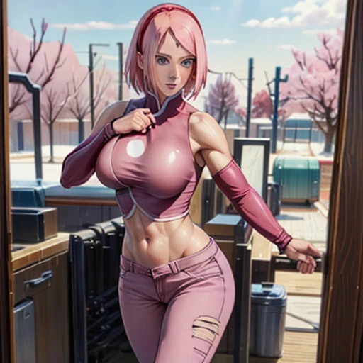 younger female,25 age old,A character in the scene,Skinny mech,Pink and blonde hair,Delicate facial features,Proportional coordination,Chu Chu pitiful look,open waist,cropped shoulders,Expose half breast,Bare neck,Realisticstyle,Battlefield scenery,8k --auto