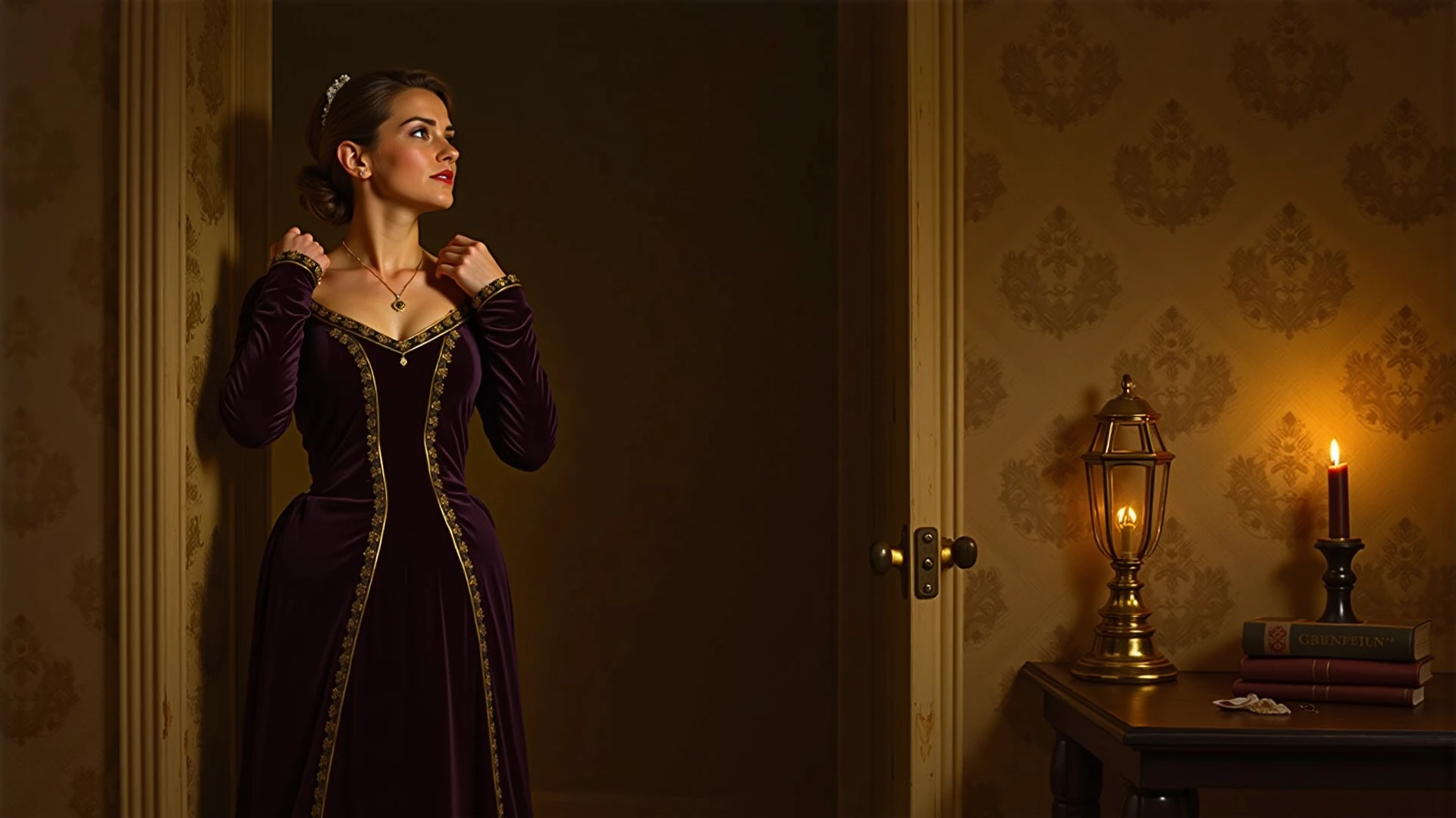 A woman with voluptous body, loose robe, bedroom, regency era palace room, braless, dynamic pose, realistic, hd, detailed