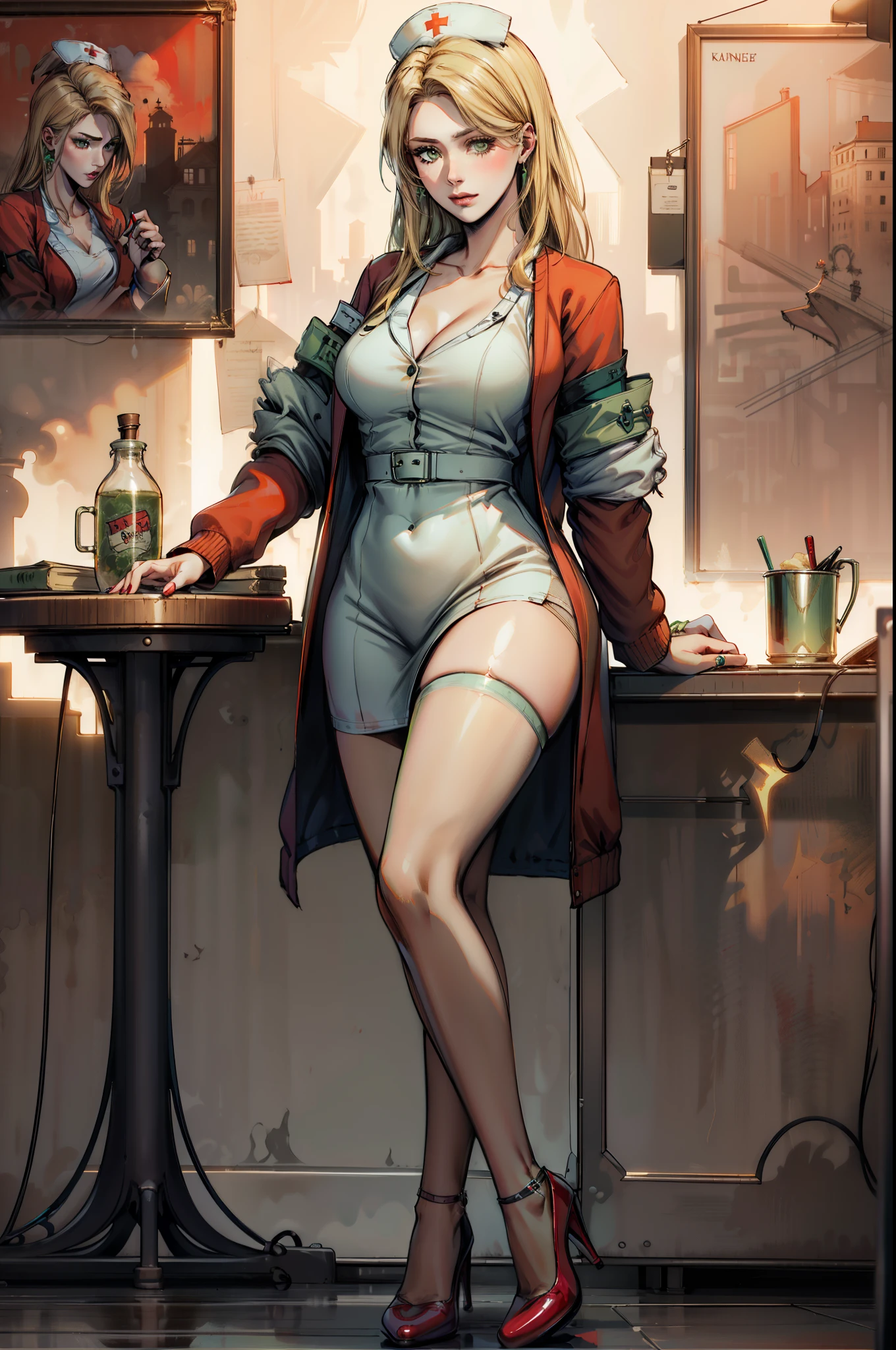LisaGarlandSH, Nurse, White Nurse dress, Red Cardigan, Blonde long hair, Green eyes, red high heels, Foggy dark town,