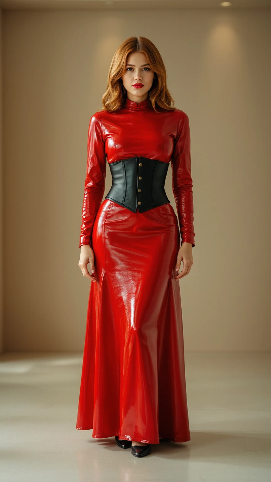 a sexy a woman covered in large red satin cloth, tied tight with the satin cloth, mummified in satin, very long under gown, tight in leg, a mermaid style gown, wearing a satin hijab, the satin gown is very long, forming the curve of the body,strugle to move,full body,masterpice, 4k resolution, ultra-realistic, highly detail.