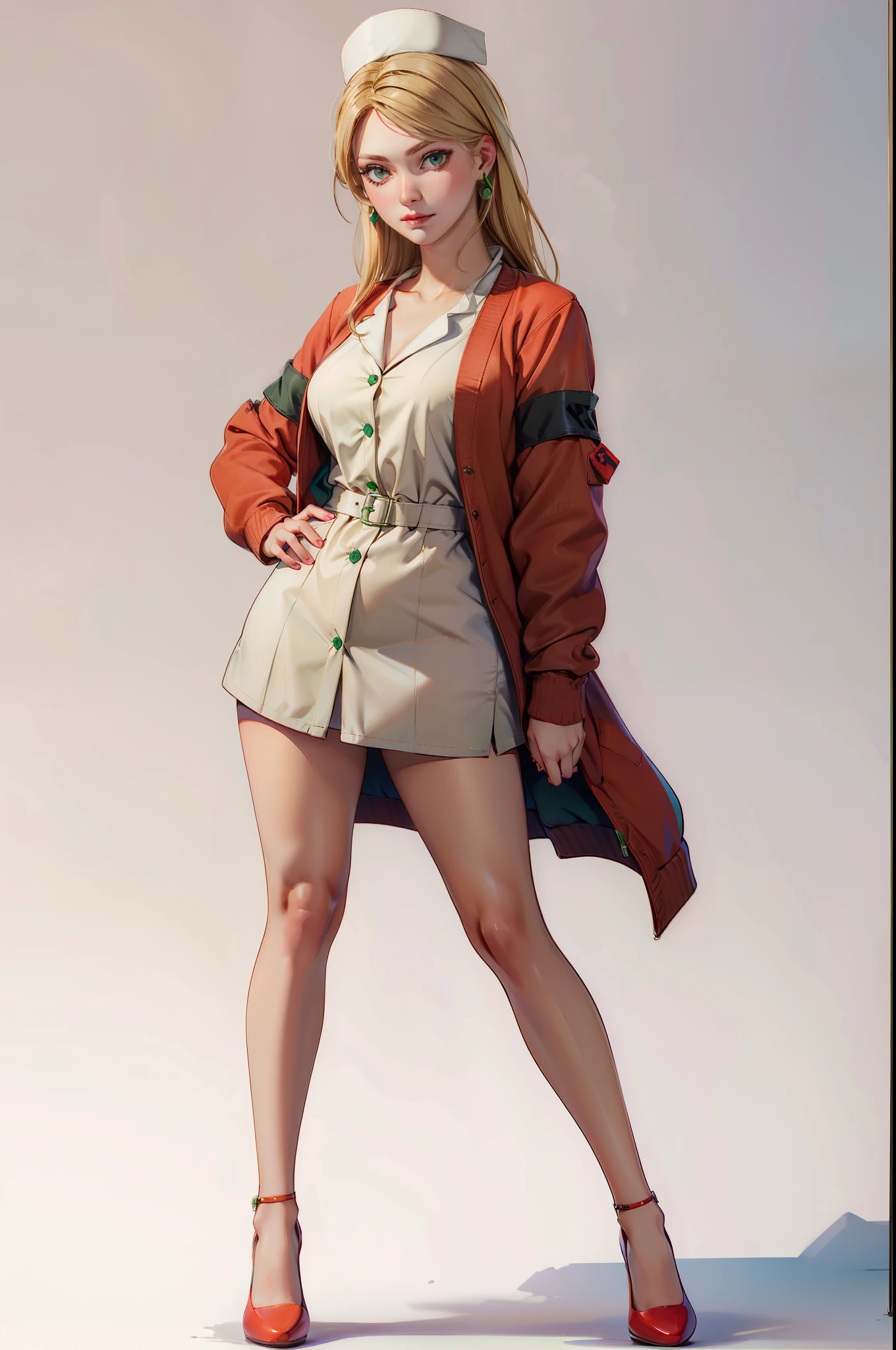  LisaGarlandSH, Nurse, White Nurse dress, Red Cardigan, Blonde long hair, Green eyes, red high heels, Neutral pose, Neutral expression,