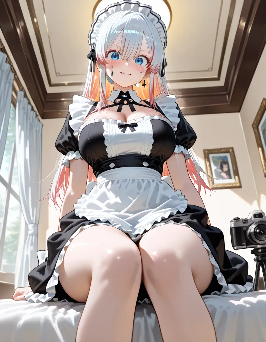 Best quality, masterpiece, ((1cute girls)), ((11 yo-girl)), ((spread legs)), evil smile blushed face, ((beige long wavy hair)), hair ribbon, open mouth, yellow shining eyes, bare clothes and show breast, small pointy breast ((all girls must bare clothes , show breasts, perfect bare teats completely:1.4)), no bra, no panties (perfect no panties completely:1.4), ((maid cloth)), ((wet body)), classroom , ((black legwear)), ((multiple views)), paw pose,