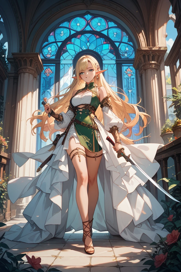 Flat chest, , full body, light rays, blonde hair, green eyes, low ponytail, parted bangs, (sweaty skin:1.2), church, light particles, illustration, regal clothes, absurd detail, HDR, huge ass, wide hips, long hair