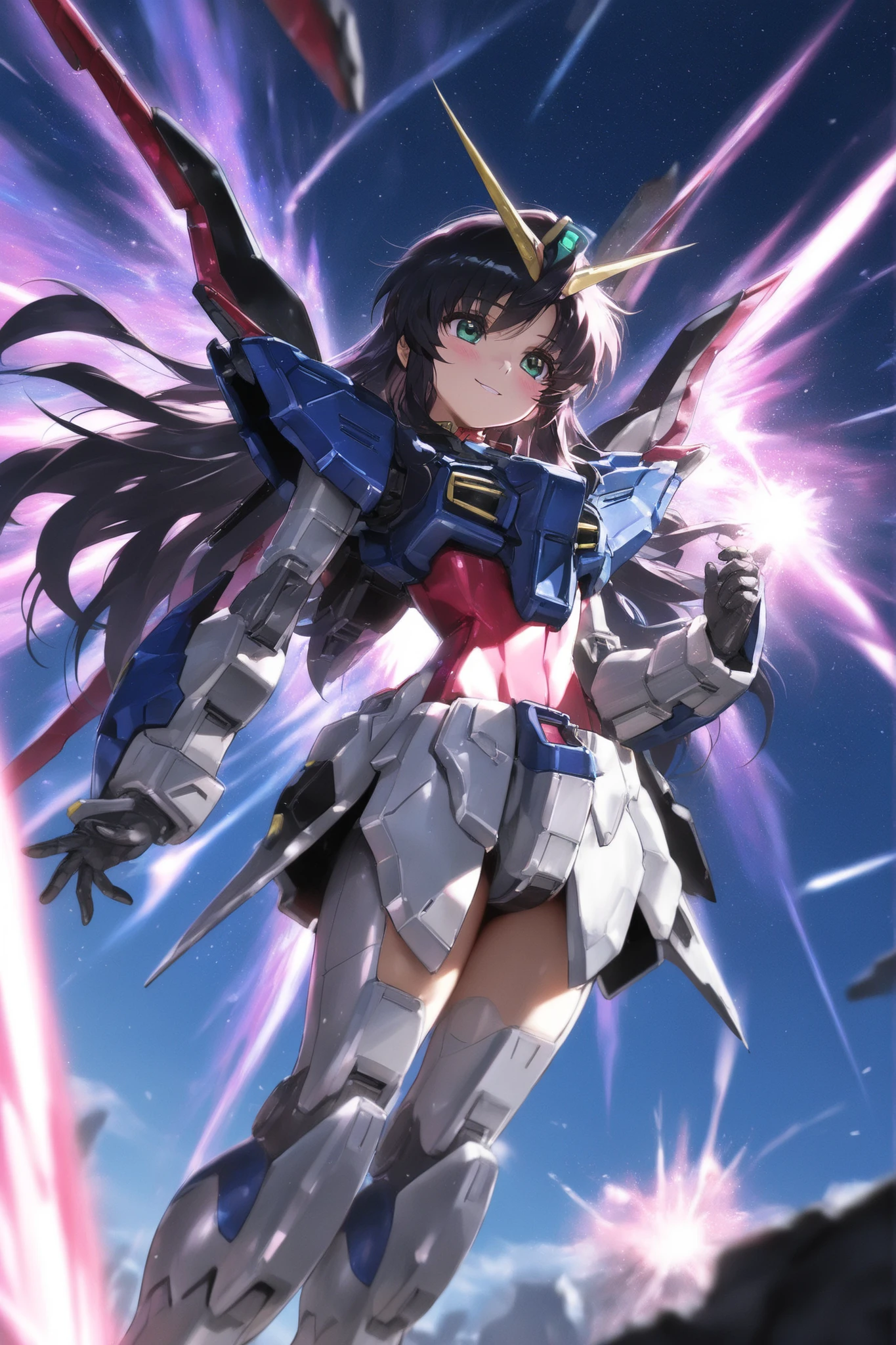 4k anime style,(feet out of frame),top-quality,Top image quality,perfect anatomy,masterpiece,ultra-detailliert,Beautiful、ultra-quality, best quality,high resolution, ultra-detailed,game cg,dutch angle ,beautiful detailed eyes, visualart,five fingers, perfect hands, Smooth anime CG, 8k anime, Best quality, High resolution,Superdetail,Perfect light,high resolution, best quality, Accurate, Anatomically Correct, Best Quality, Masterpiece, perfect hands,BREAK,1girl,Young Anime female with long hair , black hair and green highlights.beautiful large green eyes,small breast,Beautiful waist,,gundam seed destiny ,freedom gundam,mecha suit,smart,blush, little smile,on the sky