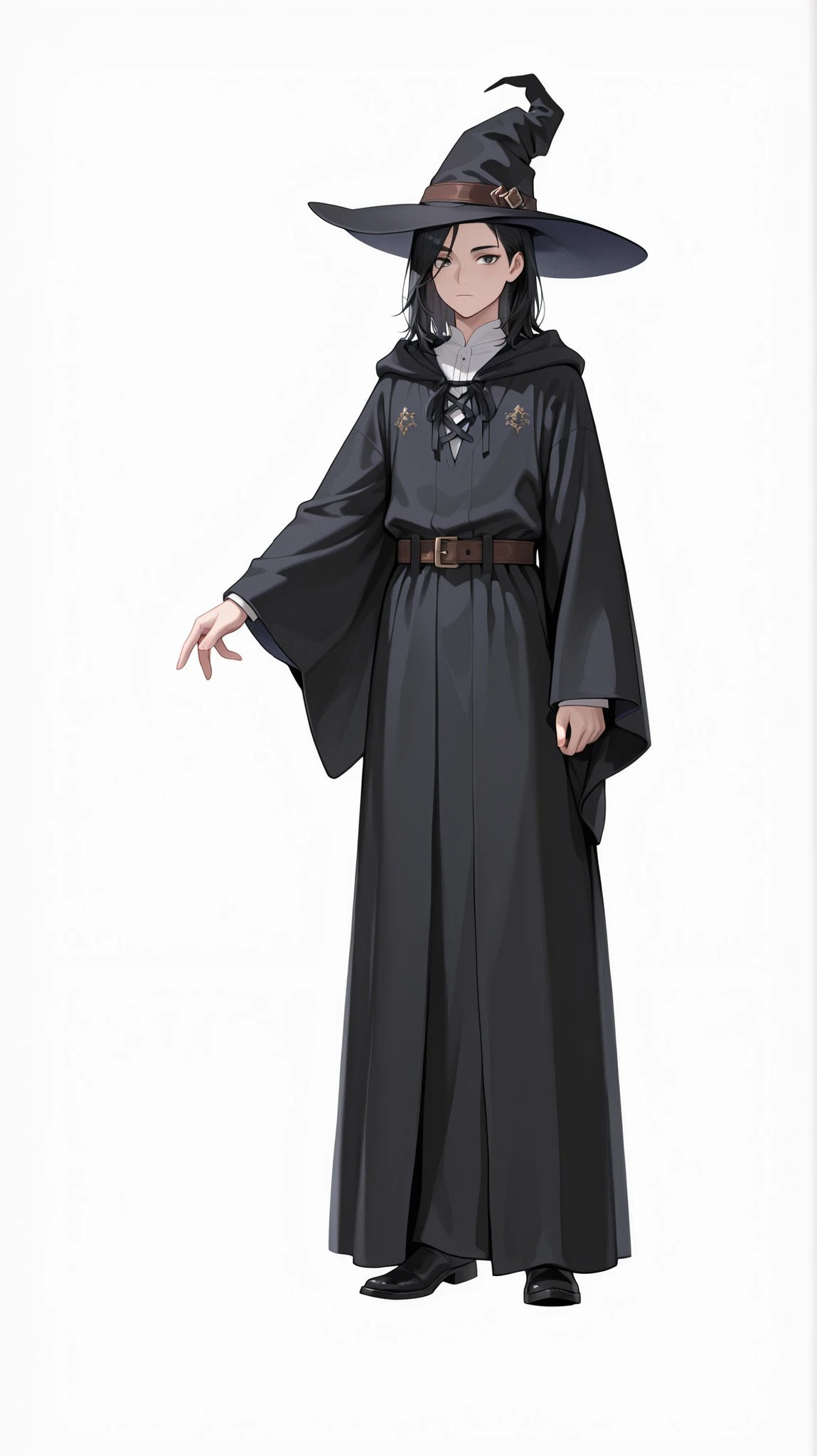 1boy, solo, looking at viewer, medium hair, simple background, black hair, long sleeves, hat, white shirt, white background, closed mouth, standing, full body, boots, belt, wide sleeves, black footwear, amber eyesblack headwear, witch hat, robe, medieval clothes,
(mature, exquisite detail, 8k, 4k, sharp focus, ultra-detailed, detailed background, absurdres, best quality, amazing quality, very aesthetic, high resolution, newest, hyper-detailed:0.78)
