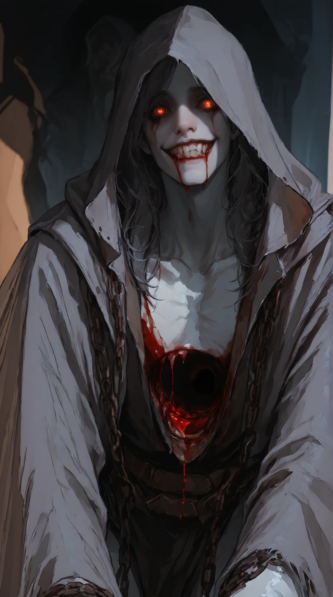 male warlock dnd, undead body, wearing a bloodstained white hood cloak with a blood 