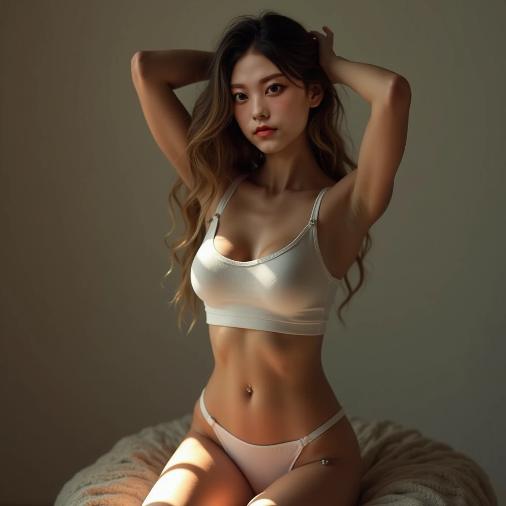 lzzang-6500v1.1, (original: 1.2), (realistic: 1.3) (mixed Indian), Highly detailed illustrations of realistic photos of beautiful girl with beautiful details, extremely detailed eyes and face, eyes with beautiful details, beautiful woman, 1 girl, Indian woman, Macro closeup portrait photo of ,(dinamic pose:1.3), ultra-detailed, sharp focus, rule of thirds, japanese mixed, (japanese idol), (smile:1.2), Big breasts, shiny skin, clear skin, squat, spread legs, (from head to legs:1.2), light pink eyes, light Red hair, see-through-bang-hair, long hair, hair-band, open stomach, open shoulders, (white off-shoulder T-shirt), white panties, (thin arms, slender:1.4), (on a stage:1.3), Extraordinarily detailed face, detailed lips, Detailed eyes, Double eyelids, Ultra Sharp Focus, Vivid Colors, High QualityFocus, Vivid Colors, High Quality