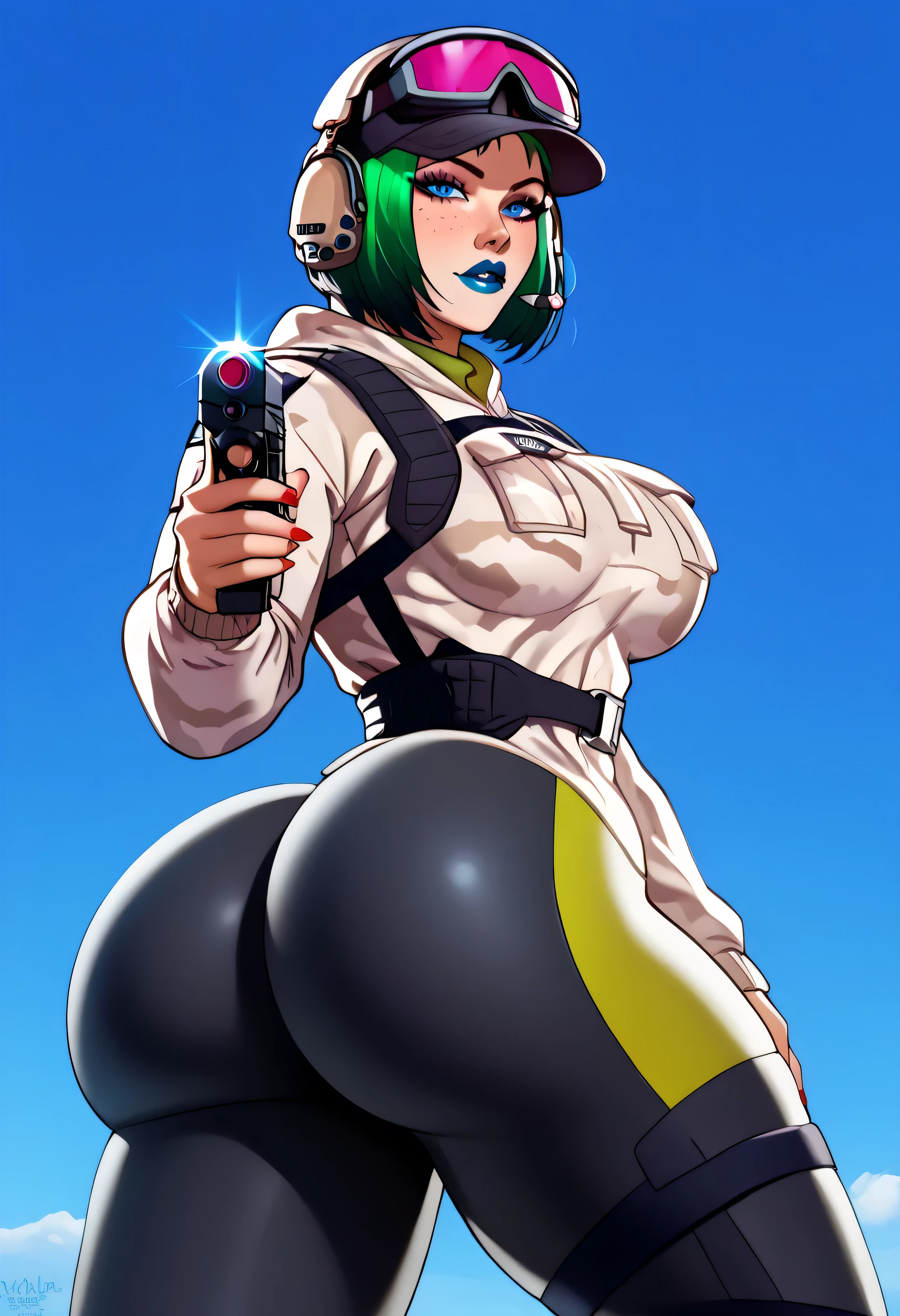 score_9, score_8_up, score_7_up, score_6_up, low angle, score_9. score_8_up, score_7_up, score_6_up, score_5_up, score_4_up, Ela, ela elite \(Rainbow Six Siege\),ela, ela \(Rainbow Six Siege\ HD, perfect masterpiece,score_9, score_8_up, score_7_up, score_6_up, score_5_up, score_4_up, score_8_up, score_7_up, Freckles, fFaceDetail, beautiful face, high detailed face, curvy body, jewelry, necklace, make up, bimbo lips, perfect eyeliner, blue eyes, red nails, bobcut hair, green hair, lipstick, black lipstick, red blush, cap, 1girl, swinsuit, eyelashes, eyeliner, big breasts, thicc, thicc huge thighs, thicc huge ass, big hips, seductive, sexy, sexy position, huge hips, extremely detailed, 8k, pool background, extremely detailed eyes, vibrant colors, high contrast lineart, ass focus, bottom view, ass closeup, 1girl, swinsuit, blue lipstick, eyelashes, eyeliner, big breasts, thicc, thicc huge thighs, thicc huge ass, big hips, seductive, sexy, sexy position, huge hips, extremely detailed, 8k, pool background, extremely detailed eyes, vibrant colors, high contrast lineart, ass focus, bottom view, ass closeup, holding a american eagle pistol, lipstick mark on pistol