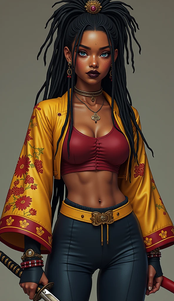 A graffiti of a drawing of a full-bodied black woman,long cascading braids,thick body type,???????????,Upper body Beautiful hot seductive gaze,dark eye shadow,light brown eyes (((long straight micro braided black hairstyle covering one eye))), with ???????????, ???? cleavage and ((((?????????? below ?????? line exposed ?????))))(((shiny long sleeved black satin open exposed ??????? cleavage office shirt))),tight pinstriped beige leather 
pants,huge"Louis Vuitton"designer gold belt buckle,????? pokie ??????? and she's making a hot naughty face smile,looking at viewer 😈🔥dark modern bedroom background, , pink,blue,yellow paint splatter background