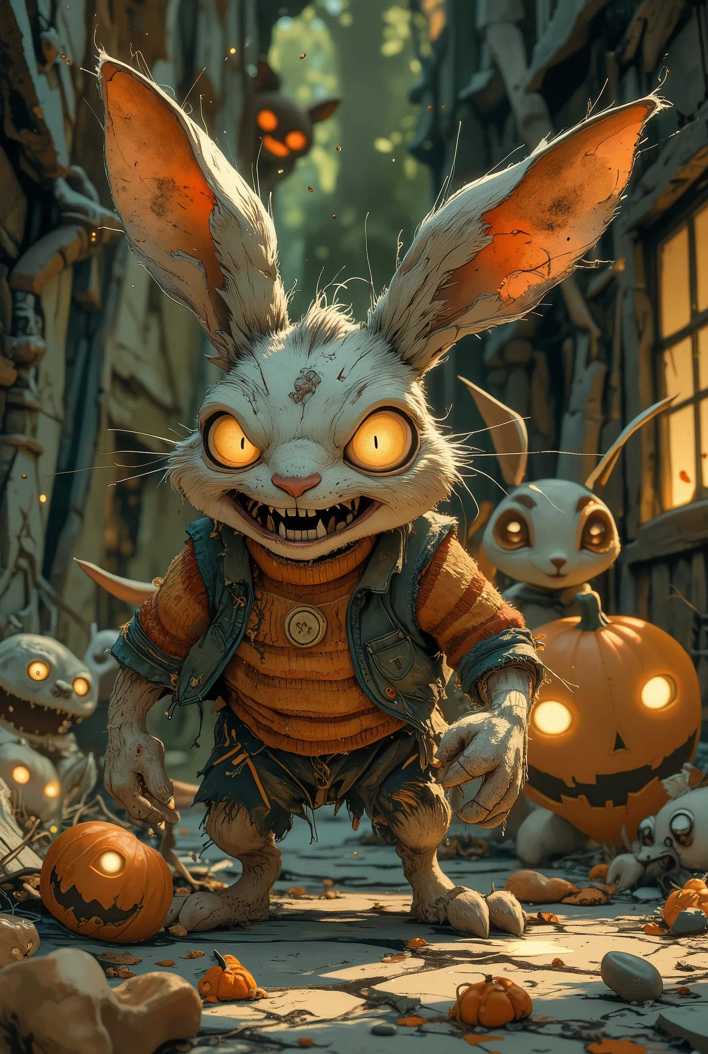 A tiptoeing, sly, slightly cartoon rabbit is a villain in the style of a dark ren's horror.It looks like an old spoiled plush toy. One ear is torn off, hanging by threads, the other is sewn onto a button, squinting glowing yellow eyes with vertical red pupils, sharp but not bloody teeth in a mischievous grin. Dirty, disheveled fur with a couple of tufts sticking out. Long clawed paws, but in a comically exaggerated style. He was wearing a torn striped half-loose sweater and a rumpled dirty green vest. The pose is dynamic, as if preparing for a prank. A flock of frightened forest animals in the distance. The background is a gloomy fairy-tale forest or an abandoned house, but with a touch of cartoon stylization (the shadows are clear, the colors are muted, but not dirty). Lighting: dramatic, with contrast, but without gory details. Style: the mix of Tim Burton and 'Over the Garden Wall' is grotesque but stylized. Details: broken toys or pumpkins with sinister faces are scattered around, a hint of mischief."
Semi-realistic cartoon, dark fantasy, expressive shadows. Colors: Muted orange, dark green, gray. Mood: Eerily playful, like a Halloween fairy tale