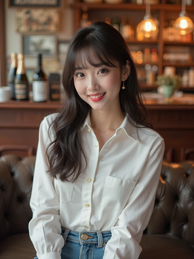 ((Best Quality, 8K, Masterpiece: 1.3)), a beauti, In addition, melon face, Friendly and cute, sweet smile, Pure desire, Slender body, (s whole body), (tilted head), ((looking at camera)), Medium Black Silky Straight Hair, Long flowing shoulders, round black big eyes, clear big eyes, moist red lips, Cafe shop background, ((full body shooting)), ( Oversized casual shirt, miniskirt ), (full body shots)