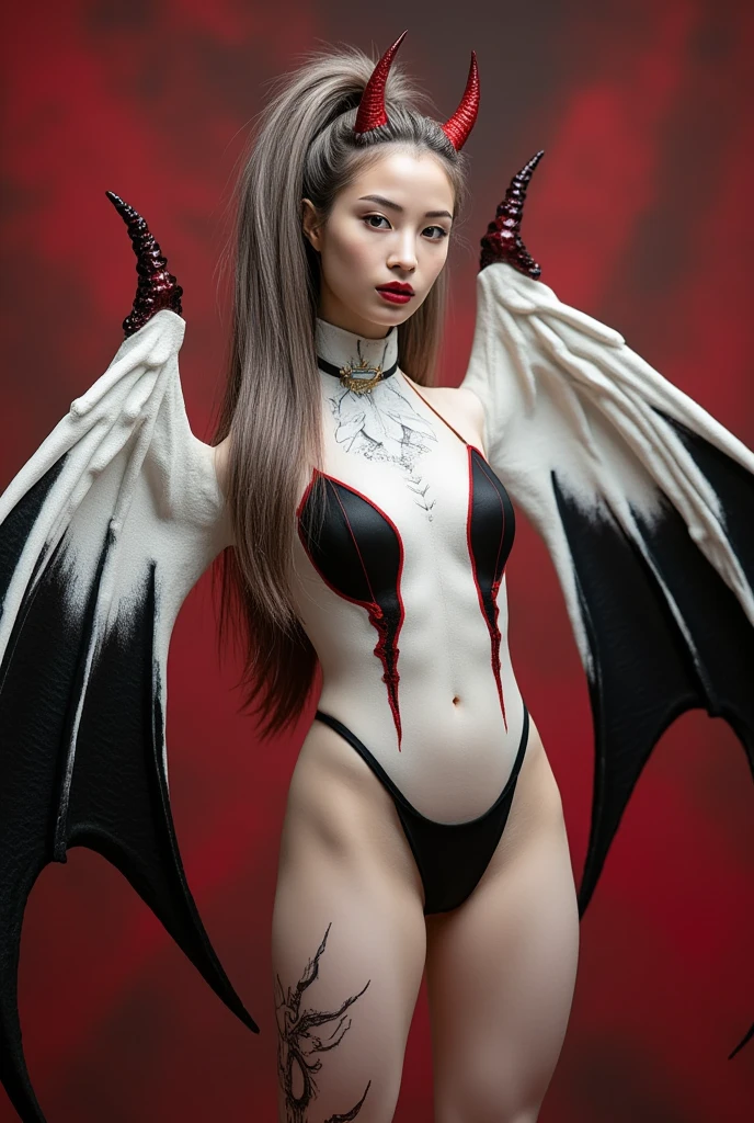 tmasterpiece, Best quality, (actual, realistically:1.37), 8K, Extremely Delicately Beautiful, Amazing cleavage, Detailed pubic hair, offcial art, Huang Li, Extremely ridiculous, hugefilesize, ultra - detailed, The content is very detailed,(Realistic skin), Beautiful and delicate girl, 1 plump girl, (perfect women figure),The abdomen is elongated,mediuml breasts,full body pov,A demon girl, depth of fields, HighDynamicRange, The content is very detailed, ray traycing, Full body lesbian, dark fantacy, Archdemon Wings, demon tail, devils'points, Demon Tatus, Sexy girl pose,Side view