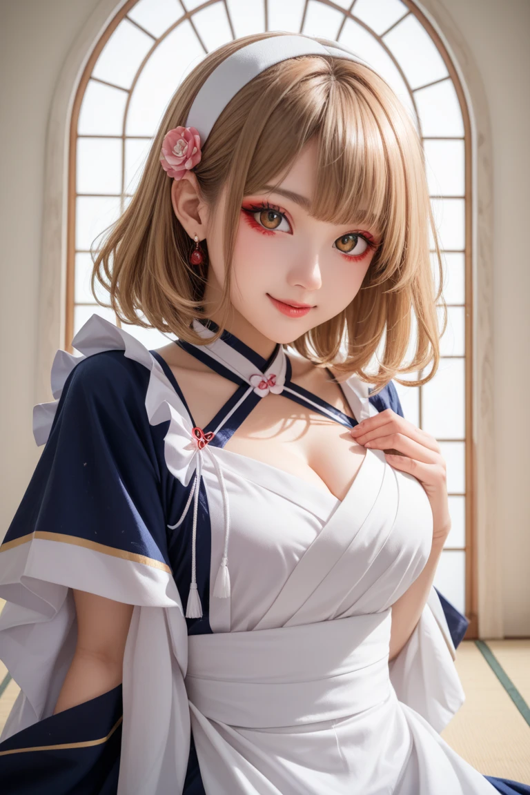(8K, Raw photography, top-quality, ​masterpiece:1.2), 1womanl, 3 d, Japanese, 25 years old, Bare_shoulders, the bow, bra very, huge-breasted, brown_Eyes, brown_hair, cleavage of the breast, greys_Background, s lips, Short_hair, long_sleeves, up looking_で_viewer, a navel, nase, Off_Shoulder, Open_Clothes, Open_Shirt, panties on, realisitic, The shirt, 独奏, Stomach, undergarment, unwear, The upper part of the body_Body, white_Bra, white_Panties, white_Shirt,shinny skin、Beautiful delicate face、Beautiful delicate eyes、(realisitic、Photo Real:1)、laying down on the bed