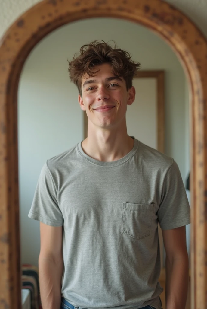 Make a snap styled selfie of a teen boy in the mirror, age: 16, cute, handsome, pretty, brown fluffy hair, Nike pro compression shirt, grey sweat pants.