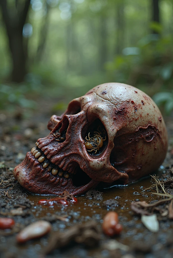 ((best quality)), ((masterpiece)), (detailed), perfect face, full body of A lone zombie, its skin adorned with vibrant jungle flora, stands amidst the ruins of a forgotten temple. Its eyes, one glowing with an ethereal light, gaze towards the distant horizon, lost in memories of a life long gone