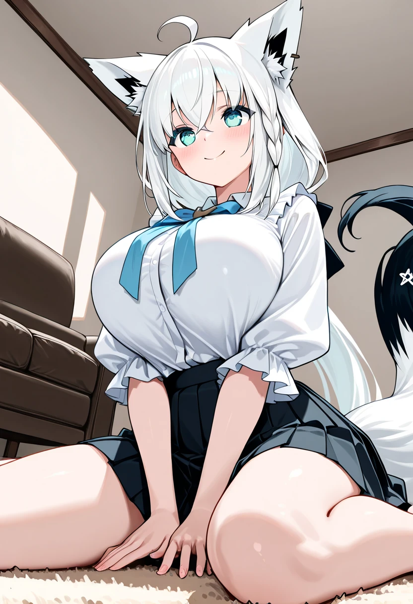 NSFW,masterpiece,Highest quality,High resolution,Super detailed,Shirakami Fubuki\(Hololive\),Gray Hair、One-sided braid、Ahoge、Earrings、Fox ears,Fox Tail,Embarrassed,Frustrated face,Lust,blush,Expecting face,(Ahegao),Smirking face,Love Hotel at Night,Luxurious Room,sofa,low table,sake,chandelier,(To flatter),(Sex slave),(Middle-aged men),A man puts his hands on her waist and hugs her,Having sex,Insert the penis,Creampie,heart,Wet,(Squirting),Leg spread,Lying down,Lying on your back,Normal position,(Falling into Pleasure),(Trembling),From above