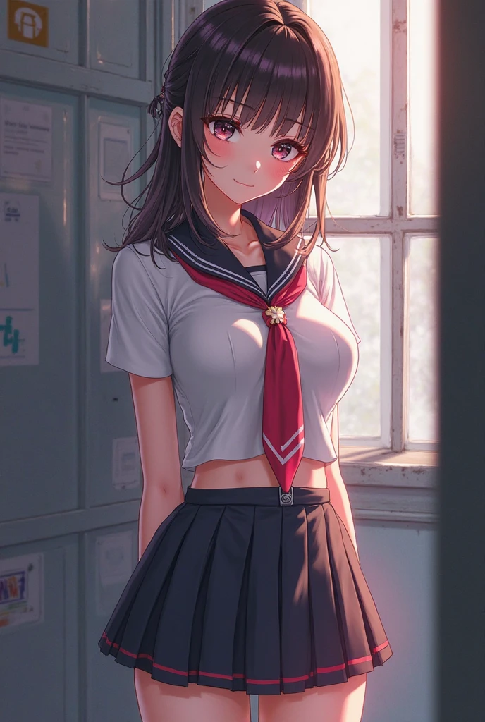 ((masterpiece, top-quality, the Extremely Detailed CG Unity 8K Wallpapers, Ultra-realistic 8kCG, erfect artwork)), The perfect female figure, Dramatic shadows, spot light, Perfect litthing, Detailed light, (((1girl in))), ((A detailed face,clearly defined eyes, )), ((Brown hair, waved hair)), (((sexypose))), Navel is visible, large full breasts, ((cute face))), (gently smiling: 1.2), (asymmetrical bangs, beautiful eyelashes), 美丽的面容, Clear eyes, (beautiful chest line:1.2), (cleavage), beautiful a girl, Exquisite facial features depicting the perfect face, Naturally beautiful, sweating, slenderbody, Light and beautiful thigh expression, hi-school girl, School Uniform, a sailor suit, cute school uniform, pleatedskirt, In front of a wall full of graffiti, Night, (((Leaning on the wall, is standing))), ((lowfers:1.5)), awardwinning photo, detaile, realistic light and shadow, 8K分辨率, Professional Lighting, (glistning skin:0.9), perfect hand,