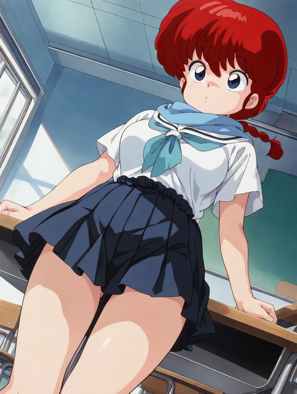 (masterpiece, highest quality, High resolution, Anime screenshots, Anime Color, 8k, Realistic), Nausicaa, very cute, beautiful girl, clear、, alone, Brown Hair, short hair, Red Gem Earrings, Excitement, Shining eyes, (Looking at the audience), Perfect body, Cleavage, (High School Girl Uniform, mini skirt), Perfect beauty, School classroom, (Perfectly detailed anatomy, Beautiful and elaborate face&eye:1.5, Shiny skin, Perfect body)、White underwear、I want to see the whole body