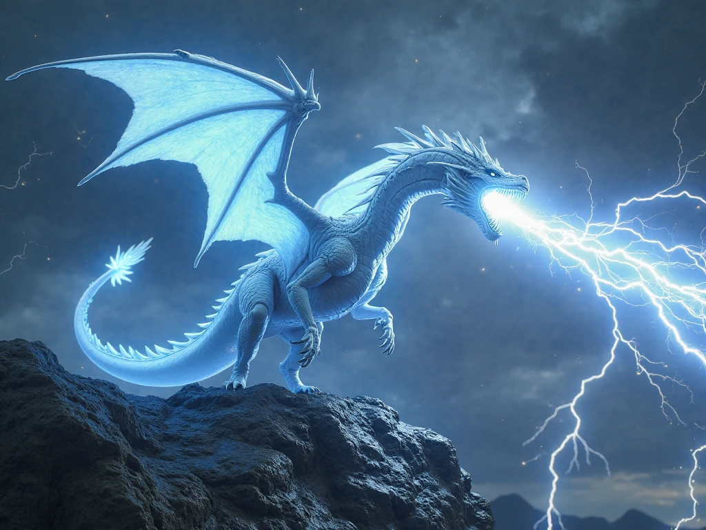 Giant white dragon with blue eyes and wings with lightning around it
