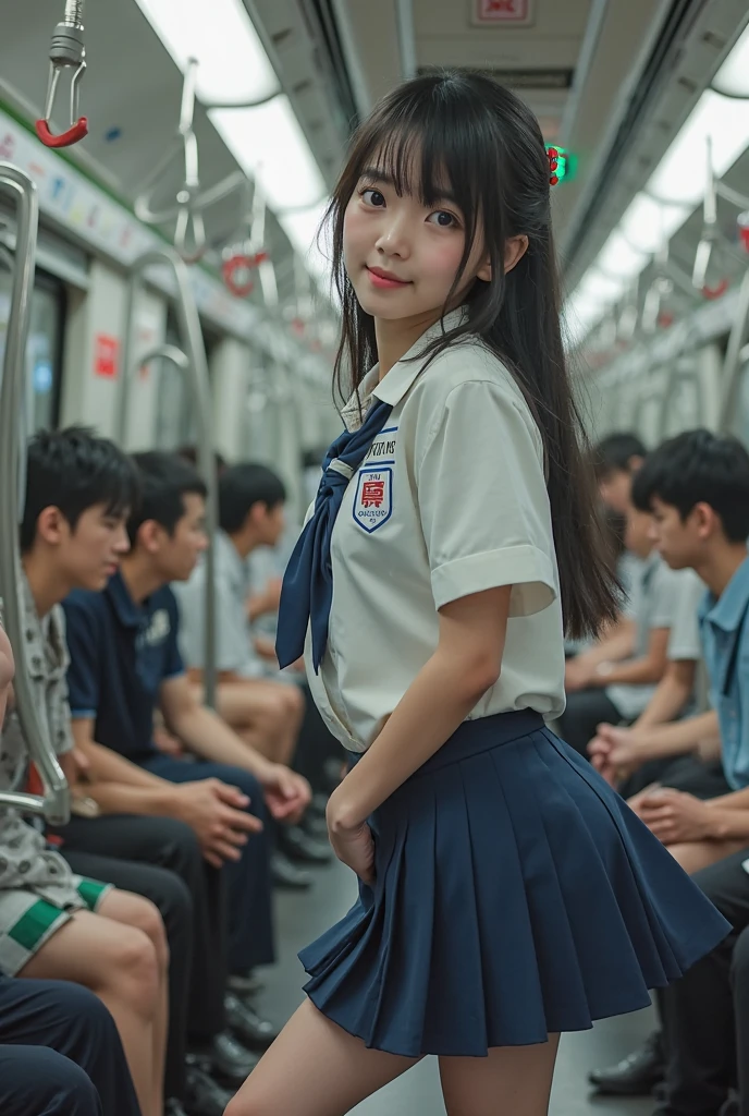 (8k, RAW photo, best quality, masterpiece:1.2), High detail RAW color photo, professional photograph, (realistic, photo realistic:1.37), ((best quality)),On the way to school, (((a beautiful and cute girl in a junior high stands on her tiptoes because of her short stature, and holds on to the straps of the train with her right arm stretched out straight:1.68))),((the girl is 13 years old)),feminine,((The girl is 138cm tall:1.37)), ((the girl is baby face)),(((the girl has small cute face))), ((big double eyelid eyes)), ((small cute nose)), ((slim waist)), ((small hip)), (looking at viewer:1.2),smooth hair, smooth skins, ((no manicure)), ((no maked up)), ((no accessary)),(the girl is wearing uniforms consisting of a white open-collar business shirt and a navy blue school skirt),((The girl is hanging on to the strap with her right hand)),