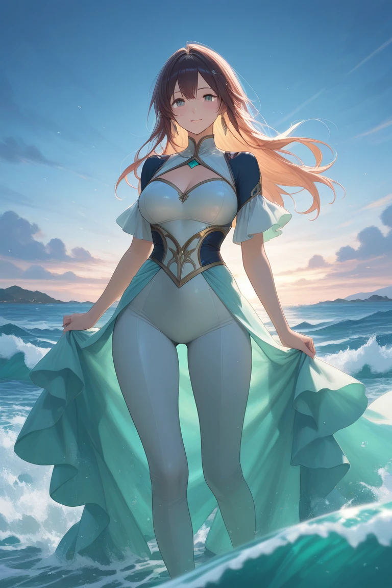 Alexandria, (medium wavy hair):3, hair ornament, hair down, large breasts, smiling, makeup, ((dangling earrings)), uncovered shoulders, perunoutfit, thigh boots<lora:alexandria-nvwls-v1:0><lora:perun-nvwls-v1-final:0>, beach, ocean, facing viewer <lora:praxis-nvwls-v1-final:0>