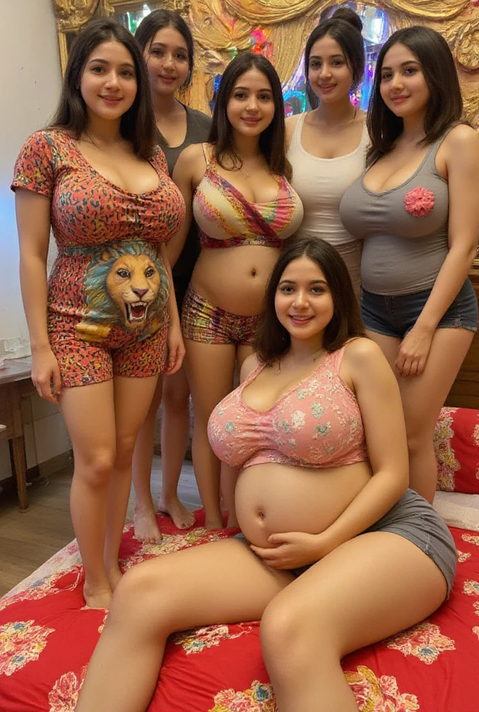 group of pregnant preteens, lingerie, defined faces, blue eyes, high-heeled shoes, long hair, big tits, open mouth, oil smeared