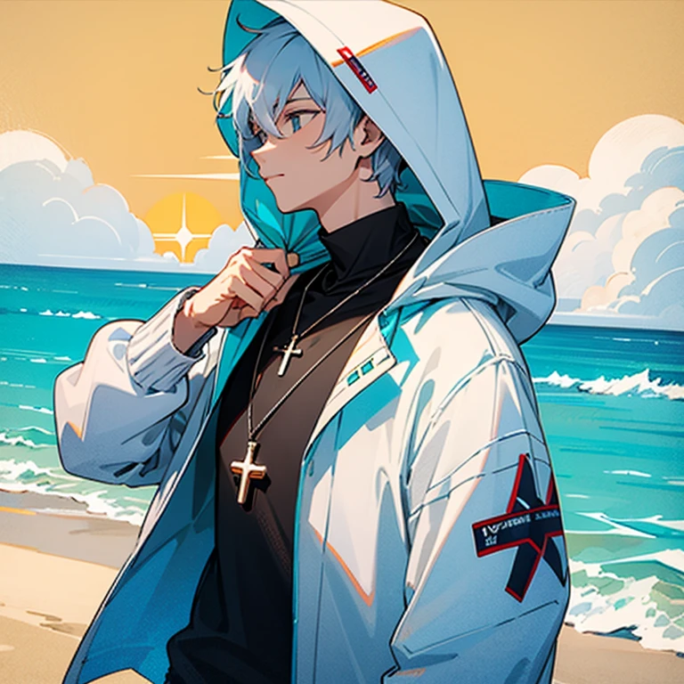 1female, rainbow color hair, multicolor Dreads, Clear eyes, Muscular, Grey Skin, multicolored gem on chest,smirking,black cloak, beach background, rainbow jacket, hands in pockets,