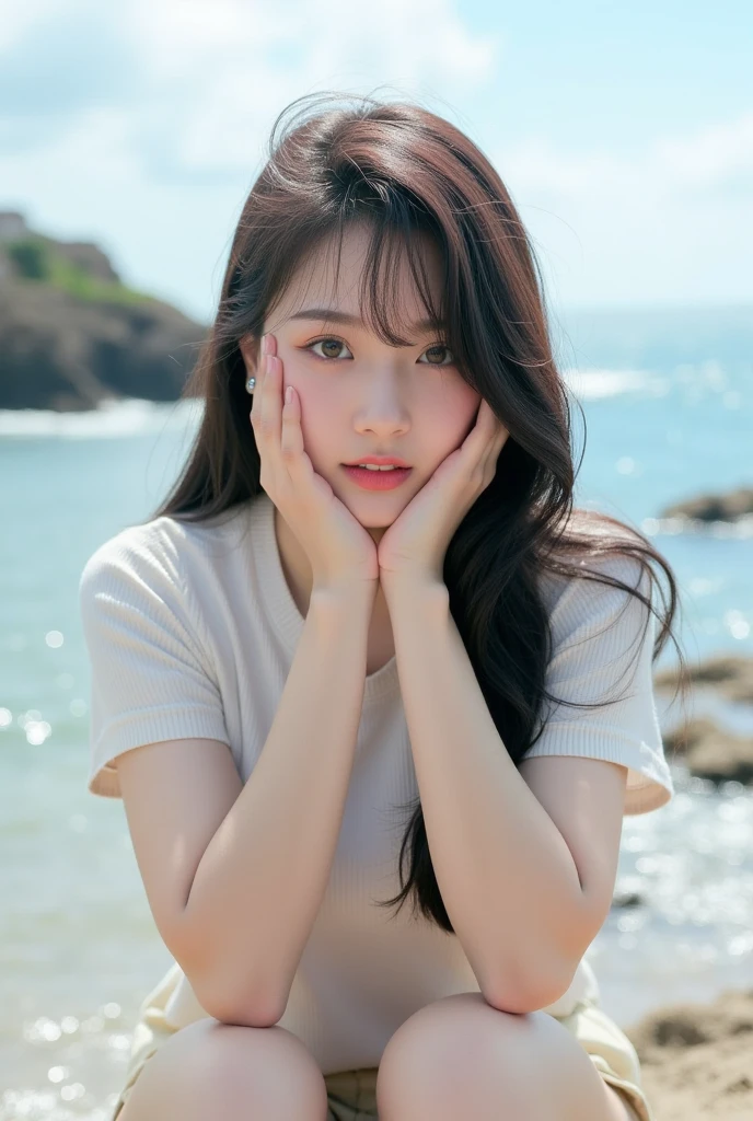 jeizuo, awesome, viewer, reality, full body in camera, on knees, squat, brunette hair, long hair, thorough, tall, forced real water, white less cloth transparent mini shirt, white transparent thong, seaside, rawe very detailed, ahegao, roll your eyes, blush, water running in mouth, sticky tongue, vaginal run, runny vaginal discharge, blowing tide, very large breasts, grab your breasts with both hands, spread your legs, sexual arousal, sexual expression, shiny skin.
