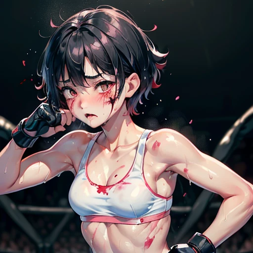 Beautiful female high school mixed martial artist covered in blood。afraid of the coming punch。Suffering from damage。Mouth open and dripping blood。With one eye closed, it seems painful。Fighting inside the Octagon。I'm soaked in sweat。open finger gloves。sports bra。bikini。erect nipples。black hair short cut。