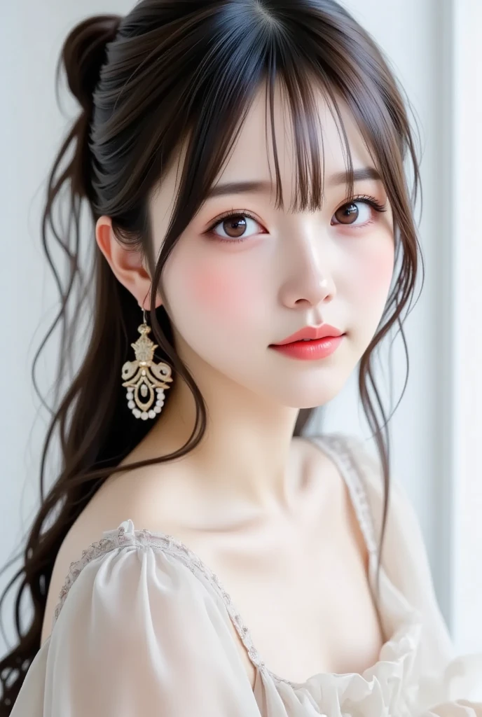 Focus on people。Create and express the best shining composition of the person in a realistic way。((masterpiece))、(((top-quality)))、((ultra-detailliert))、(A hyper-realistic)、(highly detailed CGillustration)、(extremely delicate and beautiful)、Girl a masterpiece、top-quality、Realistic skin feeling、Realistic fabric、We will introduce a realist illustration focusing on the center front of girls with realistic and ultra-detailed eyes.。This is the absolute rule, and the following sentence expresses the image quality。 The greatest painter in human history meets an unparalleled beauty、It is the greatest masterpiece in the history of the Inuiku Ichigo, which depicts the most beautiful figure of a lifetime.。 Create stunning anime artwork that is currently trending on seaStation、Introducing exquisite beauty and seductive aesthetics。Hair is tied up、White pesant dress with detailed floral embroidery、The background is outdoors